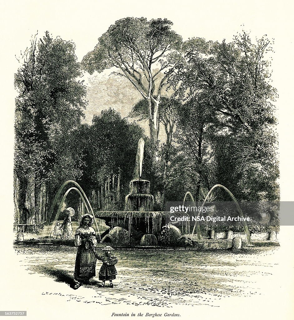 Fountain in the Villa Borghese gardens, Rome, Italy, wood engraving