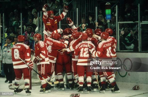 THE UNIFIED TEAM ICE HOCKEY TEAM CELEBRATE THEIR 3 - 1 VICTORY OVER CANADA IN THE ICE HOCKEY FINAL AT THE 1992 ALBERTVILLE WINTER OLYMPICS.
