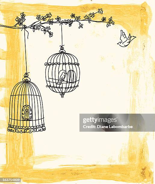 scribbled sketchy birds & hanging birdcages from cherry tree branch - empty cage stock illustrations