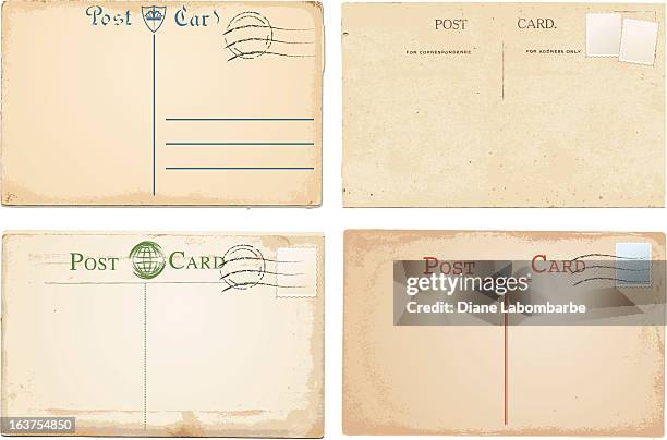 set of four vintage post cards with rustic background - postcard stock illustrations