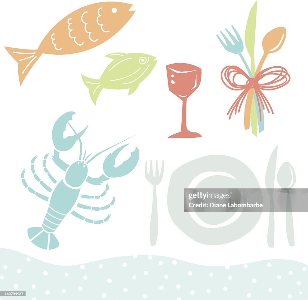 Cute Cartoon Plate Utensils and Seafood