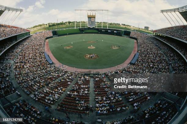 Aerial view of the Kansas City Royals' Stadium in Kansas City, Missouri, circa September 1977.