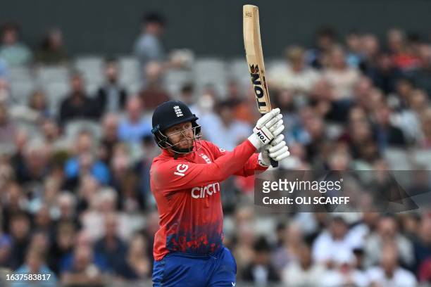 England's Jonny Bairstow watches his shot go to the boundary during the second T20 international cricket match between England and New Zealand at Old...