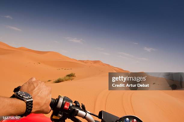 riding a quad in the desert dunes. - fahrzeug fahren stock-fotos und bilder