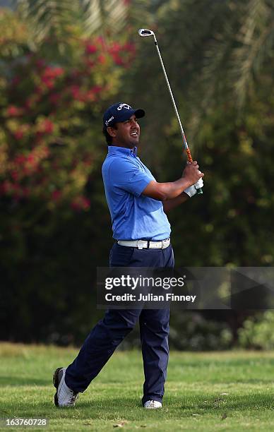 Shiv Kapur of India in action during day two of the Avantha Masters at Jaypee Greens Golf Club on March 15, 2013 in Delhi, India.