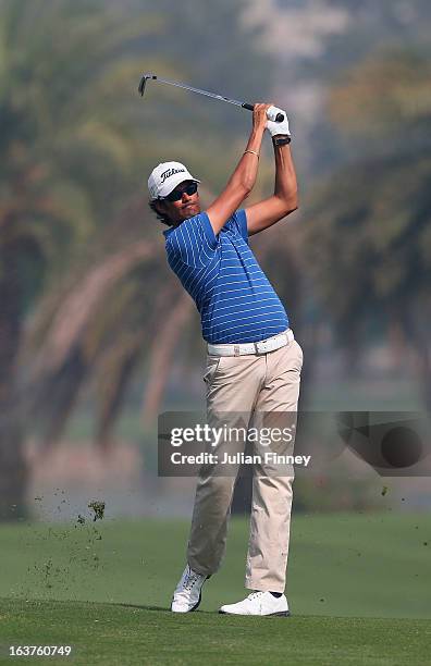 Digvijay Singh of India in action during day two of the Avantha Masters at Jaypee Greens Golf Club on March 15, 2013 in Delhi, India.