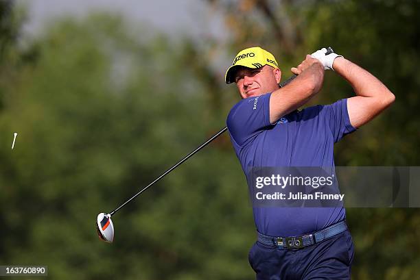 Graeme Storm of England tees off during day two of the Avantha Masters at Jaypee Greens Golf Club on March 15, 2013 in Delhi, India.