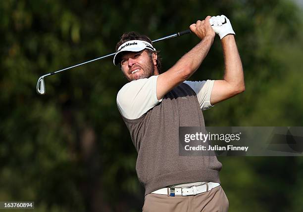 Jose Manuel Lara of Spain tees off during day two of the Avantha Masters at Jaypee Greens Golf Club on March 15, 2013 in Delhi, India.