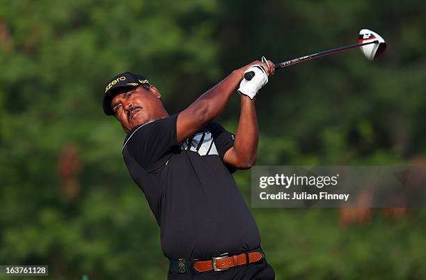 Harendra P Gupta of India in action during day two of the Avantha Masters at Jaypee Greens Golf Club on March 15, 2013 in Delhi, India.