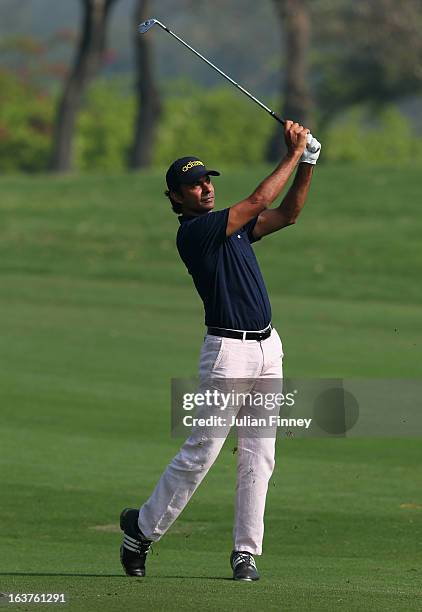 Jyoti Randhawa of India in action during day two of the Avantha Masters at Jaypee Greens Golf Club on March 15, 2013 in Delhi, India.