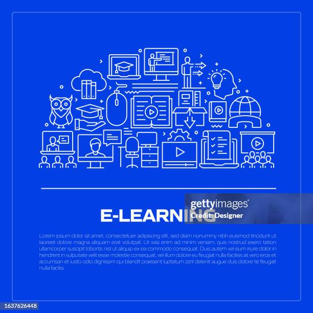 e-learning related line style banner design for web page, headline, brochure, annual report and book cover - students learning computer programming stock illustrations