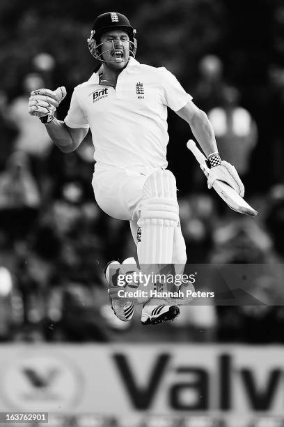 Nick Compton of England celebrates after scoring a century during day four of the First Test match between New Zealand and England at University Oval...