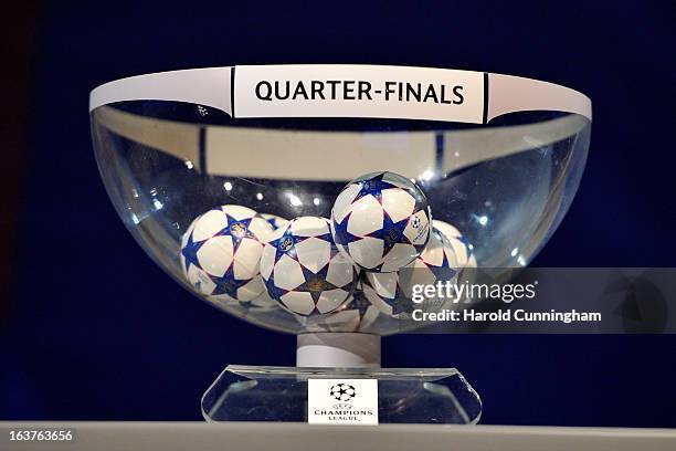 The UEFA Champions League draw balls are displayed during the UEFA Champions League quarter finals draw rehearsal at the UEFA headquarters on March...