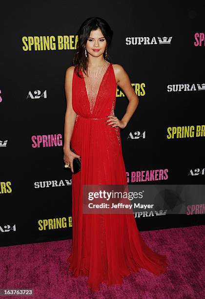 Actress Selena Gomez attends the 'Spring Breakers' Los Angeles Premiere at ArcLight Hollywood on March 14, 2013 in Hollywood, California.