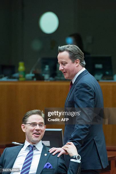 British Prime Minister David Cameron chats with Finnish Prime Minister Jyrki Katainen during a roundtable meeting at the EU Headquarters on March 15,...