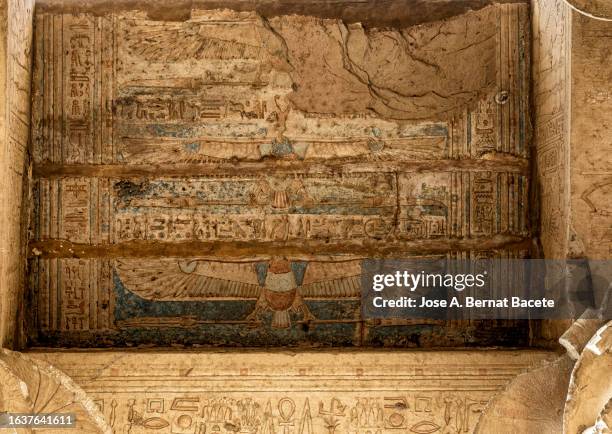 drawings and hieroglyphics on the facade and roof of the temple of kom ombo, egypt. - egyptian tomb stock-fotos und bilder