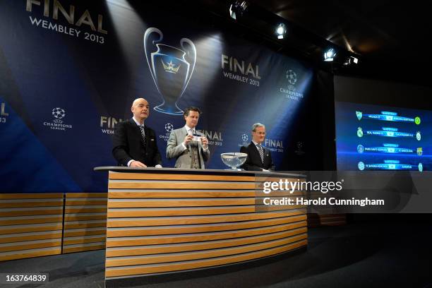 Gianni Infantino, UEFA General Secretary, Steve McManaman, UEFA Champions League Final Ambassador, and Giorgio Marchetti, UEFA Competition Director,...