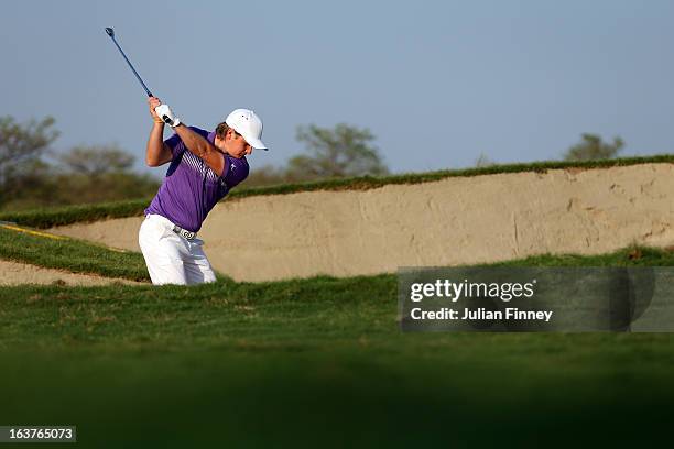 Jaakko Makitalo of Finland plays plays out of a bunker during day two of the Avantha Masters at Jaypee Greens Golf Club on March 15, 2013 in Delhi,...