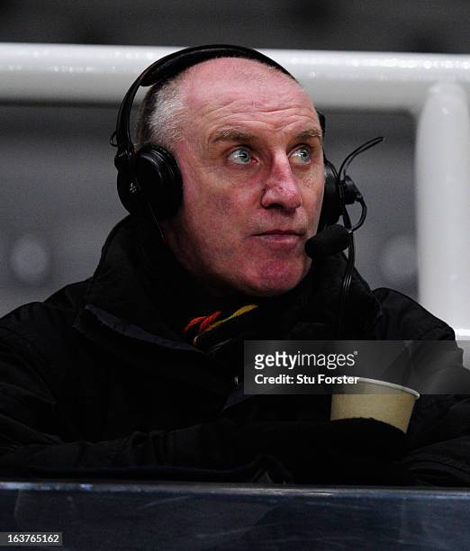 Former Newcastle legend and now Radio Pundit, John Anderson looks on before the UEFA Europa League Round of 16 second leg match between Newcastle...