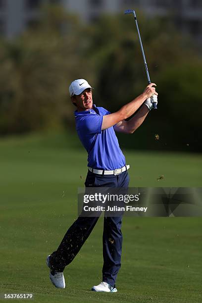 Tommy Fleetwood of England in action during day two of the Avantha Masters at Jaypee Greens Golf Club on March 15, 2013 in Delhi, India.