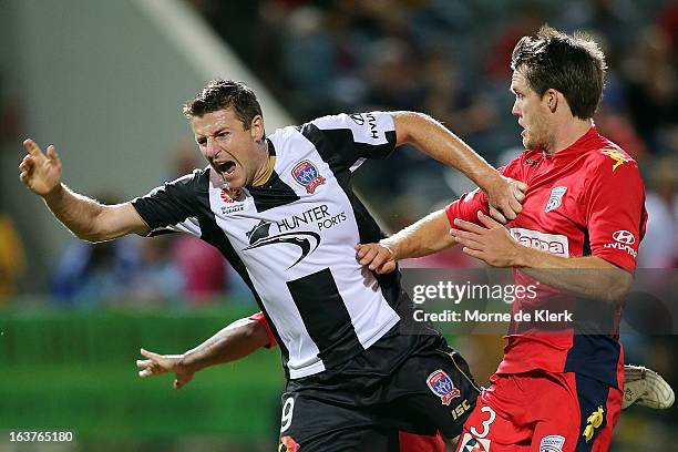 Michael Bridges of the Jets reacts during the round 25 A-League match between Adelaide United and the Newcastle Jets at Hindmarsh Stadium on March...