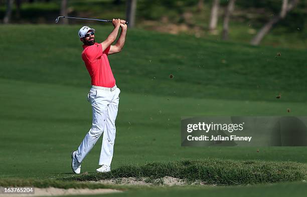 Alvaro Quiros of Spain plays a shot during day two of the Avantha Masters at Jaypee Greens Golf Club on March 15, 2013 in Delhi, India.