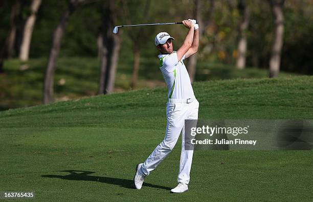 Gregory Bourdy of France in action during day two of the Avantha Masters at Jaypee Greens Golf Club on March 15, 2013 in Delhi, India.