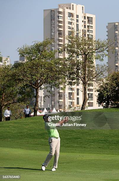 Gaganjeet Bhullar of India in action during day two of the Avantha Masters at Jaypee Greens Golf Club on March 15, 2013 in Delhi, India.