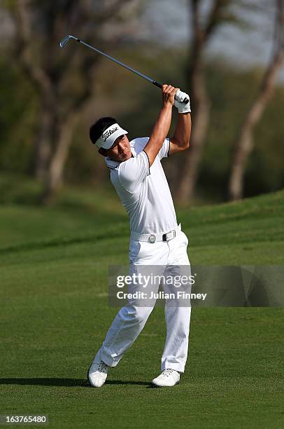Arnond Vongvanij of Thailand in action during day two of the Avantha Masters at Jaypee Greens Golf Club on March 15, 2013 in Delhi, India.