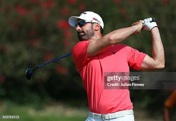 Alvaro Quiros of Spain plays a shot during day two of the Avantha Masters at Jaypee Greens Golf Club on March 15, 2013 in Delhi, India.