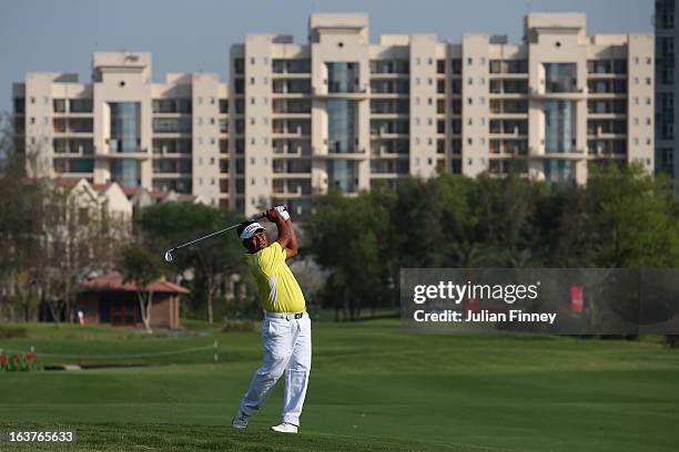 Elmer Salvador of Philippines in action during day two of the Avantha Masters at Jaypee Greens Golf Club on March 15, 2013 in Delhi, India.