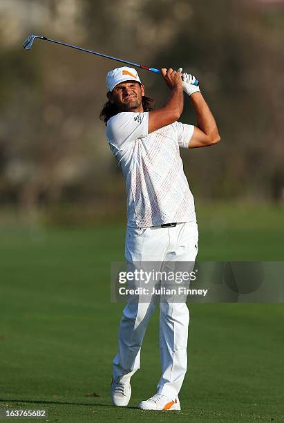 Johan Edfors of Sweden in action during day two of the Avantha Masters at Jaypee Greens Golf Club on March 15, 2013 in Delhi, India.