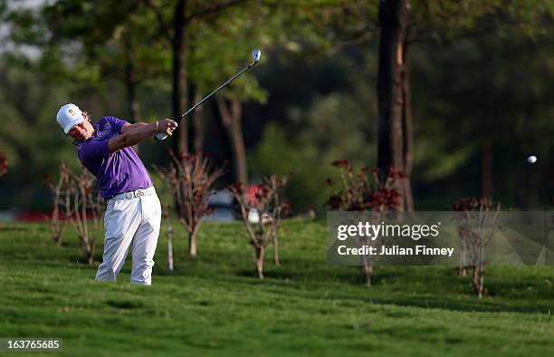 Jaakko Makitalo of Finland plays a shot during day two of the Avantha Masters at Jaypee Greens Golf Club on March 15, 2013 in Delhi, India.