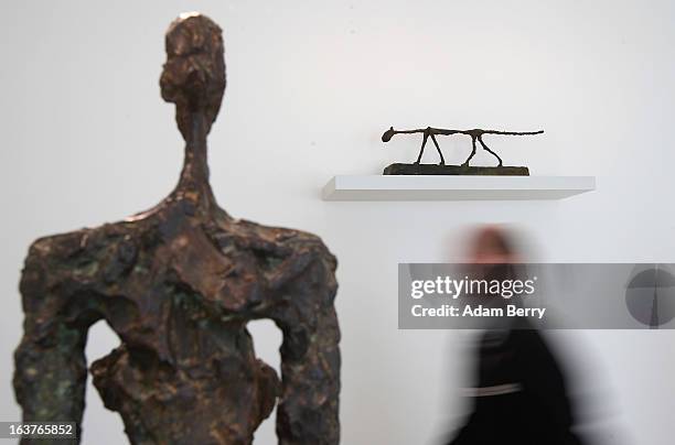 The sculptures "Woman of Venice IV" and "The Cat" by Alberto Giacometti are seen in the Kommandantenhaus, the newly-added building to the Berggruen...