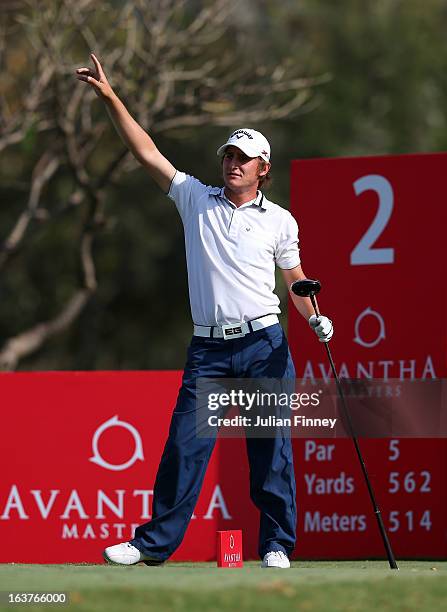 Emiliano Grillo of Argentina points to his ball during day two of the Avantha Masters at Jaypee Greens Golf Club on March 15, 2013 in Delhi, India.