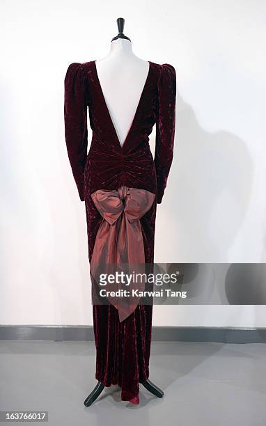 Catherine Walker burgundy crushed velvet evening gown worn for the state visit to Australia and to the film premiere of 'Back to the Future' and 1985...