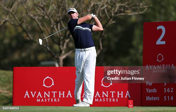 Marcus Both of Australia tees off on hole 2 during day two of the Avantha Masters at Jaypee Greens Golf Club on March 15, 2013 in Delhi, India.