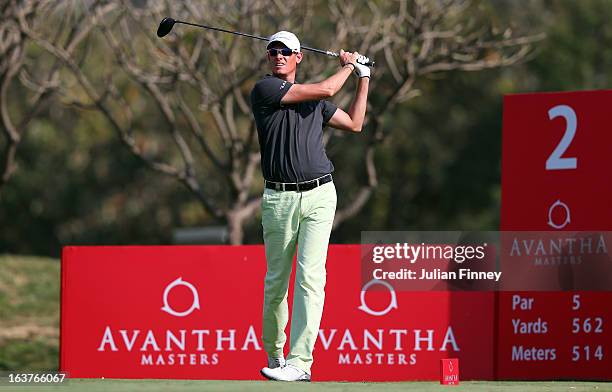 Maarten Lafeber of Netherlands tees off on hole 2 during day two of the Avantha Masters at Jaypee Greens Golf Club on March 15, 2013 in Delhi, India.