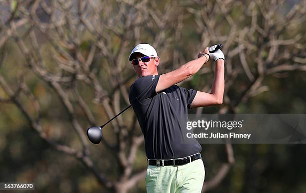 Maarten Lafeber of Netherlands tees off on hole 2 during day two of the Avantha Masters at Jaypee Greens Golf Club on March 15, 2013 in Delhi, India.