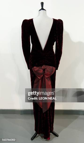 Catherine Walker evening gown worn by Britain's Princess Diana during a State Visit to Australia in 1985 is displayed at Kerry Taylor Auction house...