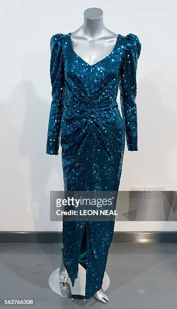 Catherine Walker evening gown worn by Britain's Princess Diana for a State Visit to Austria in 1989 is displayed at Kerry Taylor Auction house in...