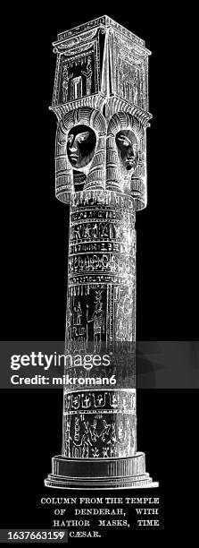 old engraved illustration of dendera temple complex, hathor headed column, dendera temple - african queen stock pictures, royalty-free photos & images