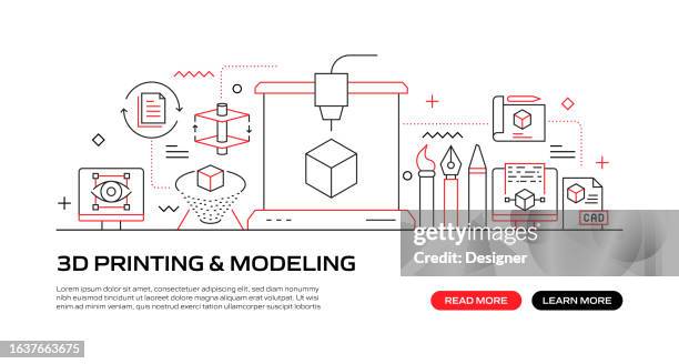 3d printing and modeling web banner with linear icons, trendy linear style vector - fixing printer stock illustrations