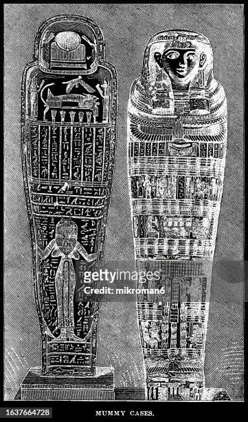 old engraved illustration of mummy cases,  sarcophagus (city in the ancient near east) - african funeral stock pictures, royalty-free photos & images
