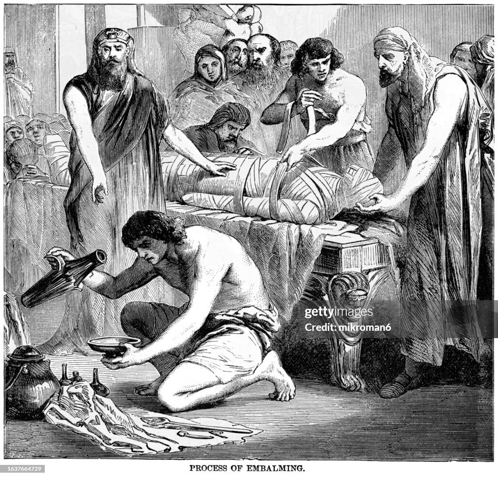 Old engraved illustration of Egyptian embalming process ( embalming, or treating the dead body, that the ancient Egyptians used is called mummification)