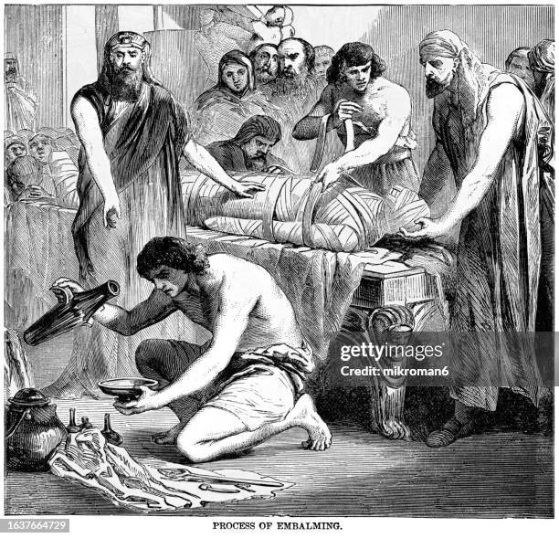 old engraved illustration of egyptian embalming process ( embalming, or treating the dead body, that the ancient egyptians used is called mummification) - mummified stock pictures, royalty-free photos & images