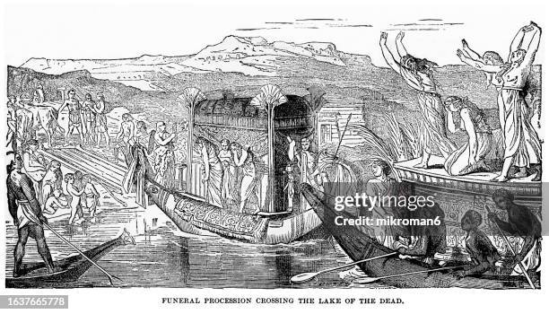 old engraved illustration of funeral procession crossing the lake of the dead (mummy of the dead was placed in a barge to be taken across the lake of the dead) - african funeral stock pictures, royalty-free photos & images