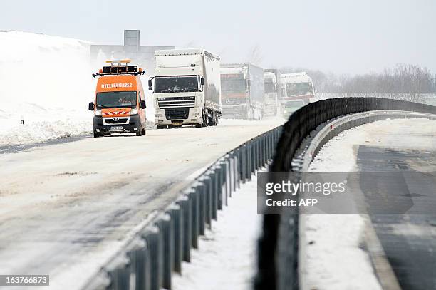 An emergency van checks out the situation at the site of an accident on the E71 motorway, nearby the Croatian, Slovenian and Hungarian borders on...
