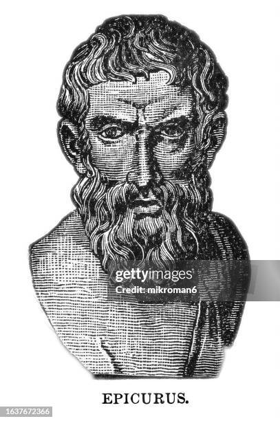 old engraved illustration of epicurus (341–270 bc) an ancient greek philosopher and sage who founded epicureanism, a highly influential school of philosophy - epicuro fotografías e imágenes de stock