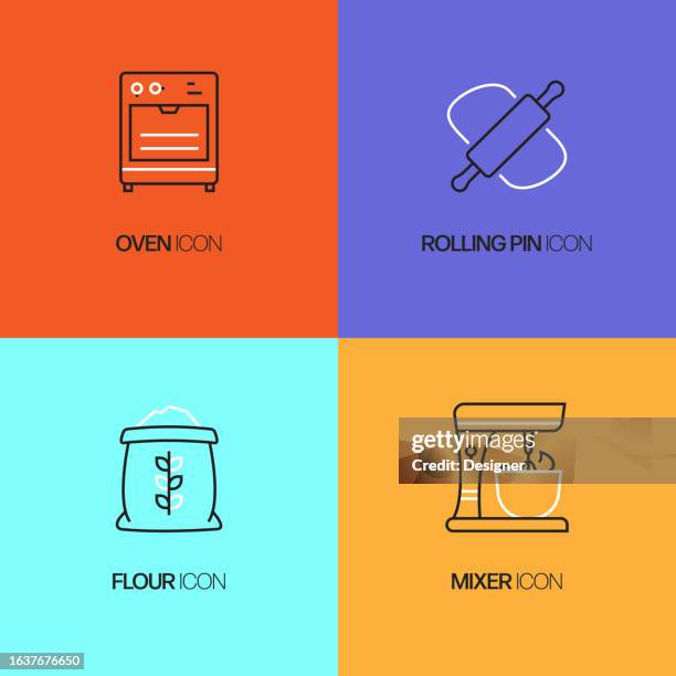 bakery related vector thin line icons. outline symbol collection - yeast bread stock illustrations